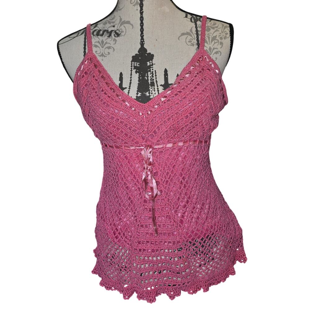 Vintage Y2k Fairy Coquette Faded Glory Pink Crochet Top Size XL